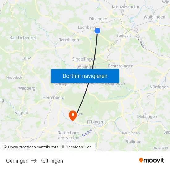 Gerlingen to Poltringen map