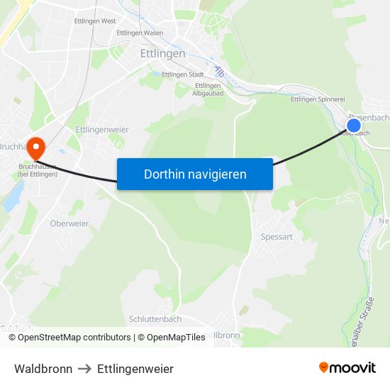 Waldbronn to Ettlingenweier map