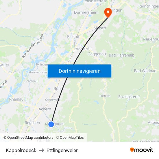 Kappelrodeck to Ettlingenweier map