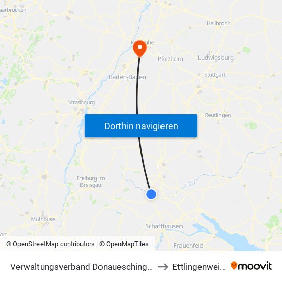 Verwaltungsverband Donaueschingen to Ettlingenweier map