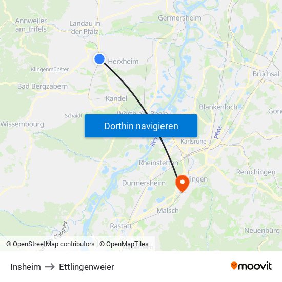 Insheim to Ettlingenweier map