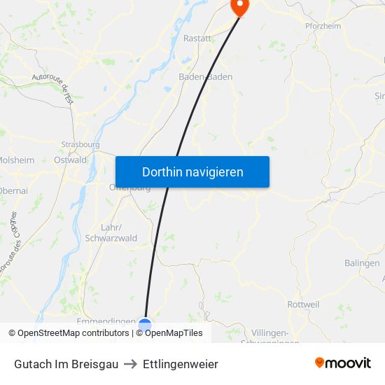 Gutach Im Breisgau to Ettlingenweier map