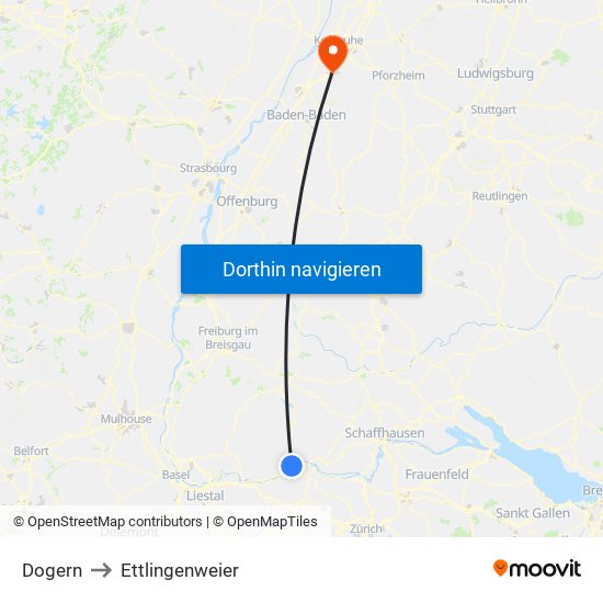 Dogern to Ettlingenweier map