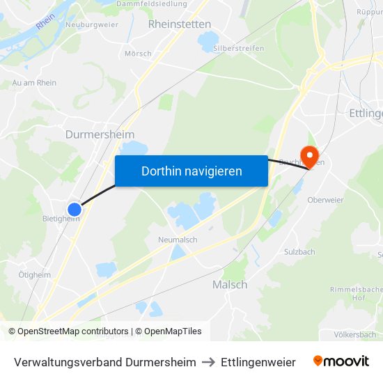 Verwaltungsverband Durmersheim to Ettlingenweier map