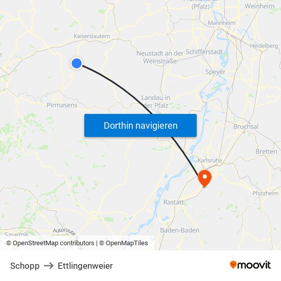 Schopp to Ettlingenweier map