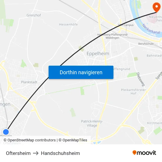 Oftersheim to Handschuhsheim map