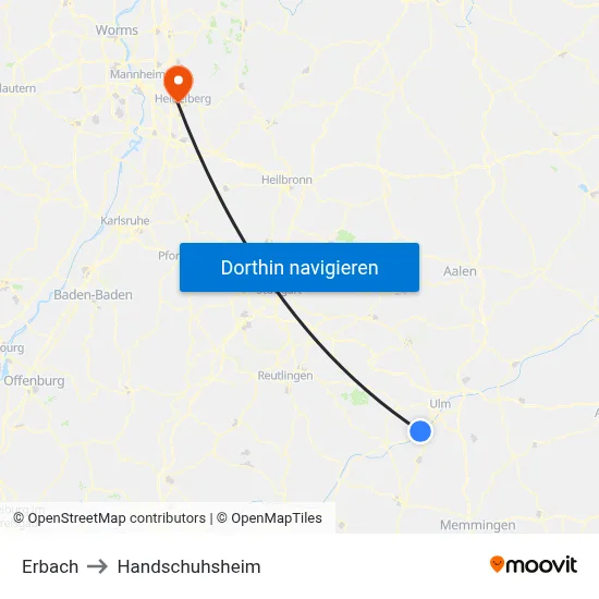 Erbach to Handschuhsheim map
