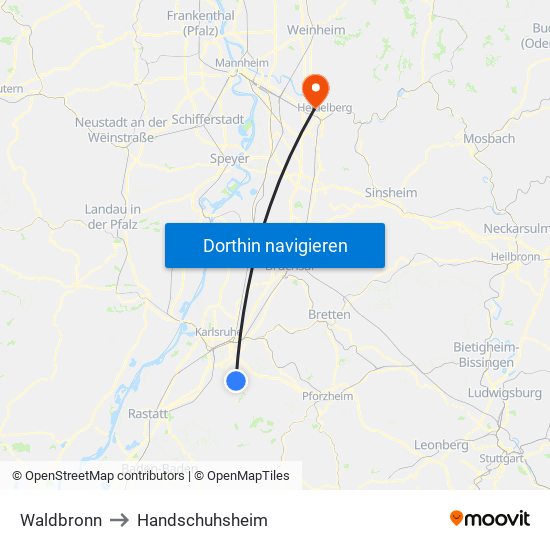 Waldbronn to Handschuhsheim map