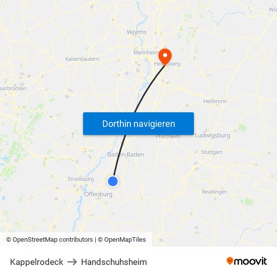 Kappelrodeck to Handschuhsheim map