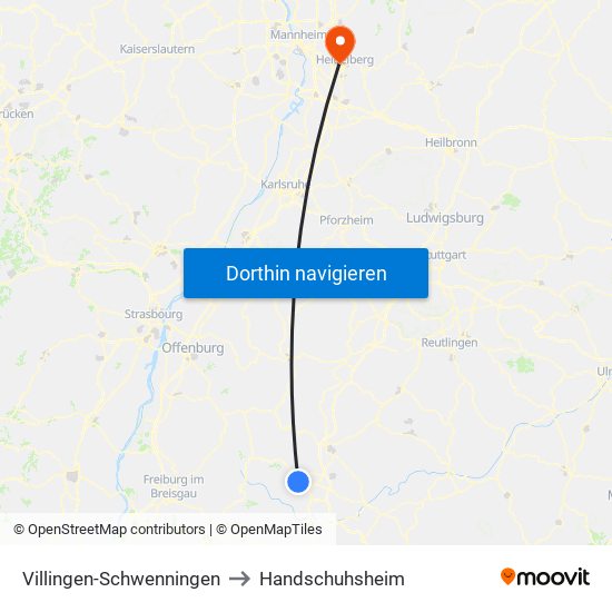 Villingen-Schwenningen to Handschuhsheim map