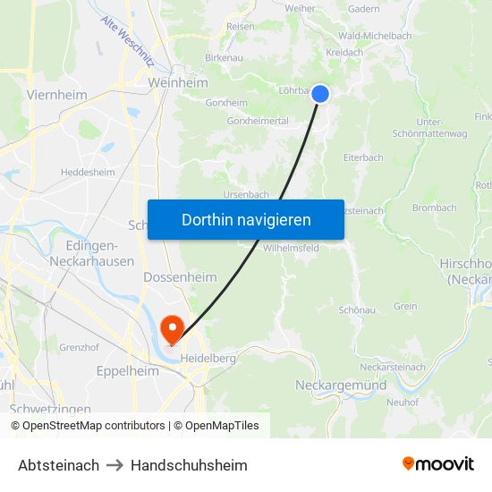 Abtsteinach to Handschuhsheim map