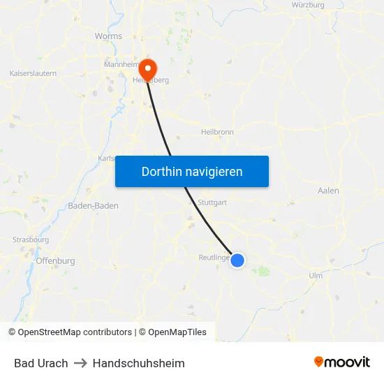 Bad Urach to Handschuhsheim map