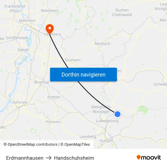 Erdmannhausen to Handschuhsheim map