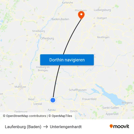 Laufenburg (Baden) to Unterlengenhardt map