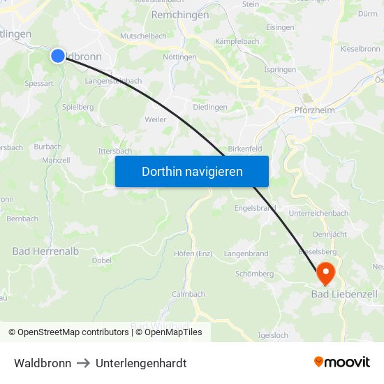 Waldbronn to Unterlengenhardt map
