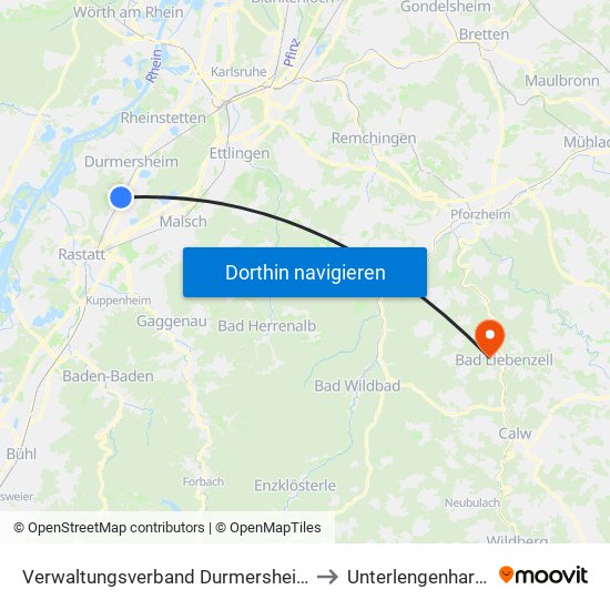 Verwaltungsverband Durmersheim to Unterlengenhardt map