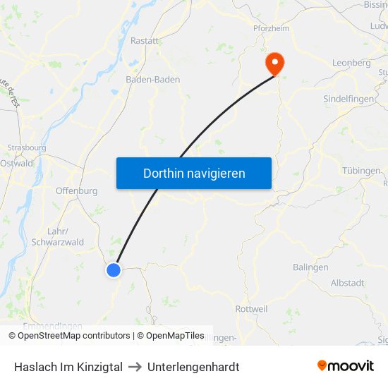 Haslach Im Kinzigtal to Unterlengenhardt map