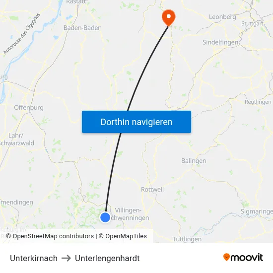 Unterkirnach to Unterlengenhardt map
