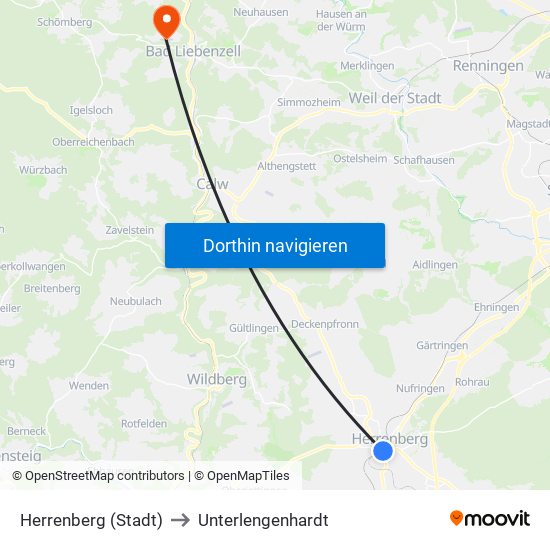 Herrenberg (Stadt) to Unterlengenhardt map