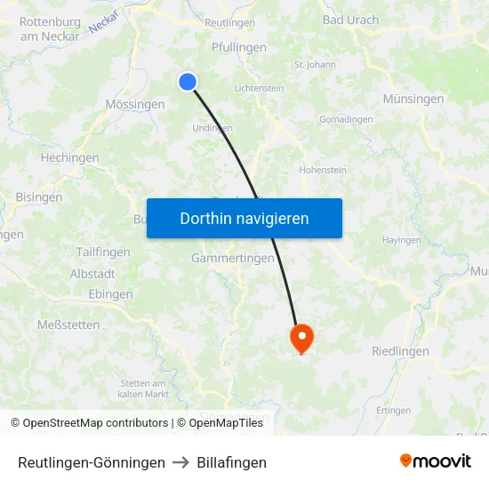 Reutlingen-Gönningen to Billafingen map