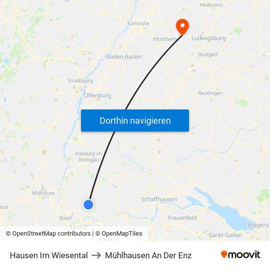 Hausen Im Wiesental to Mühlhausen An Der Enz map
