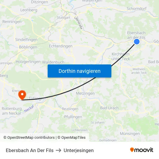 Ebersbach An Der Fils to Unterjesingen map