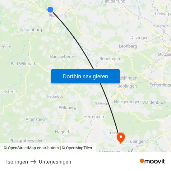 Ispringen to Unterjesingen map