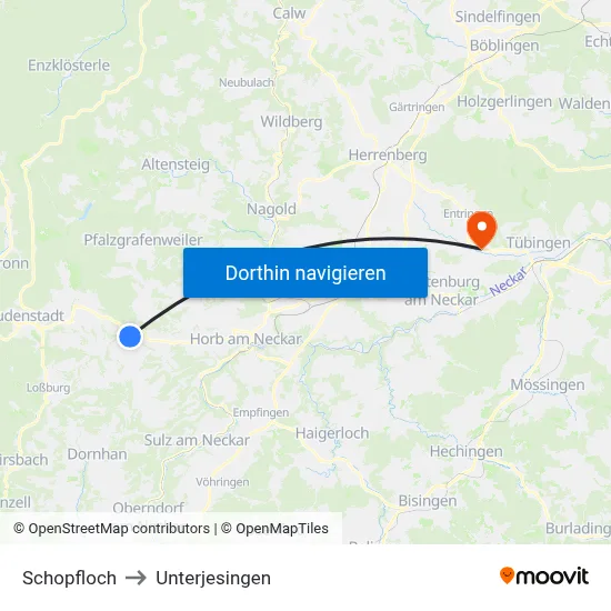 Schopfloch to Unterjesingen map