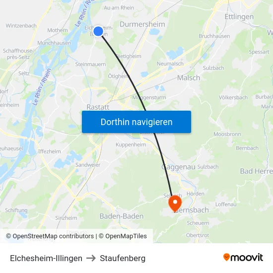 Elchesheim-Illingen to Staufenberg map