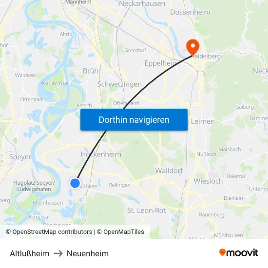 Altlußheim to Neuenheim map