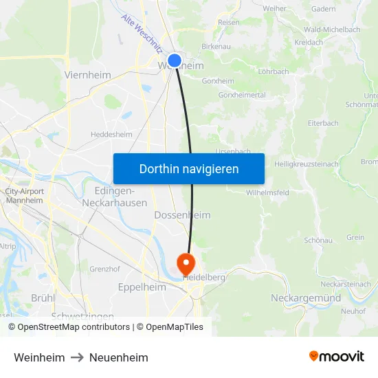 Weinheim to Neuenheim map