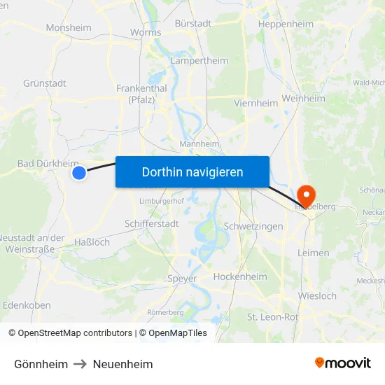 Gönnheim to Neuenheim map