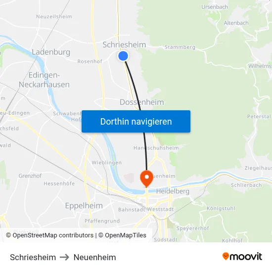 Schriesheim to Neuenheim map