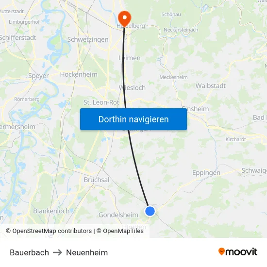 Bauerbach to Neuenheim map
