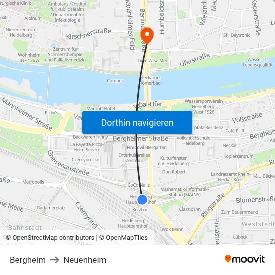 Bergheim to Neuenheim map