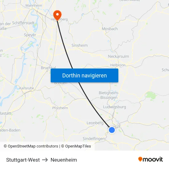 Stuttgart-West to Neuenheim map