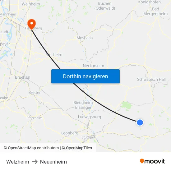 Welzheim to Neuenheim map