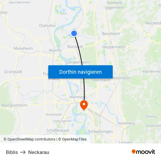 Biblis to Neckarau map