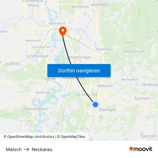 Malsch to Neckarau map