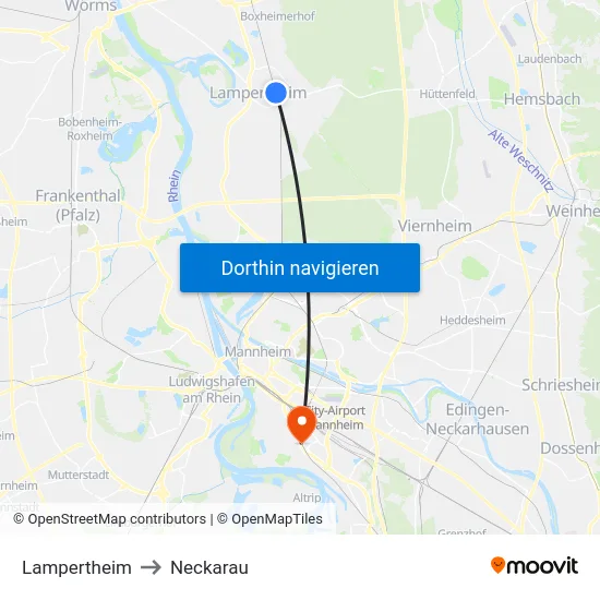 Lampertheim to Neckarau map
