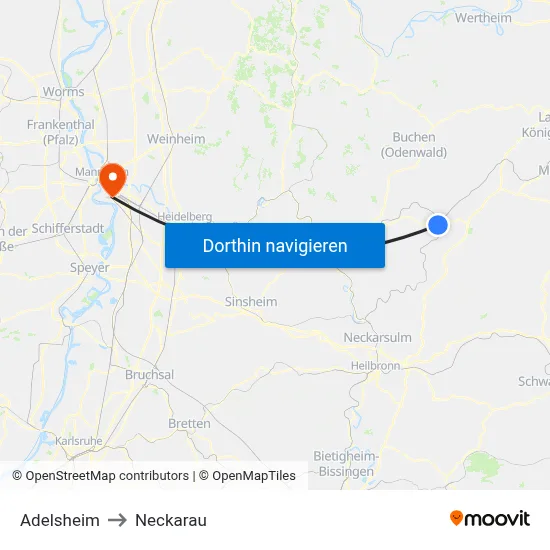 Adelsheim to Neckarau map