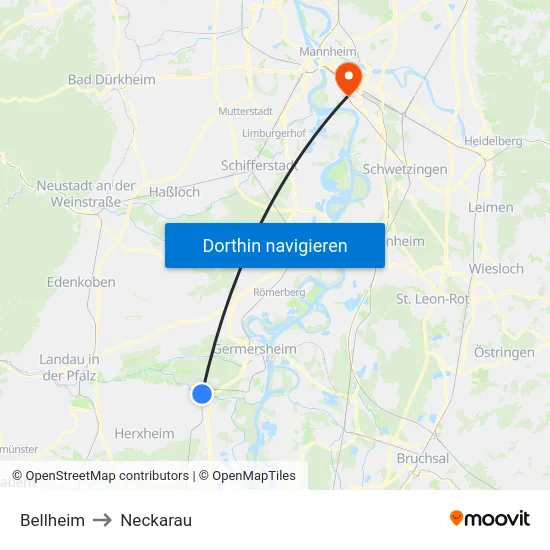 Bellheim to Neckarau map