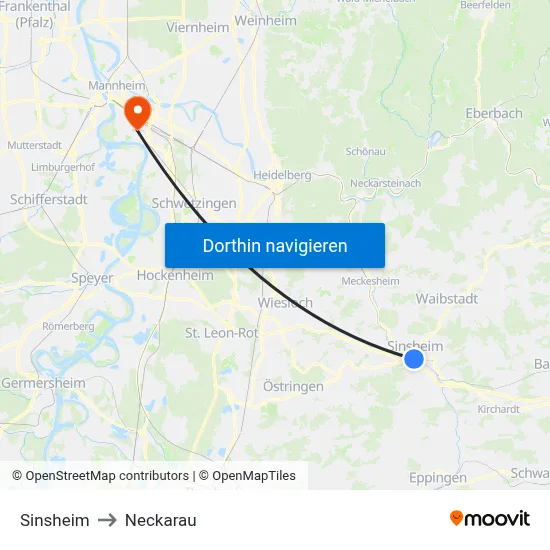 Sinsheim to Neckarau map