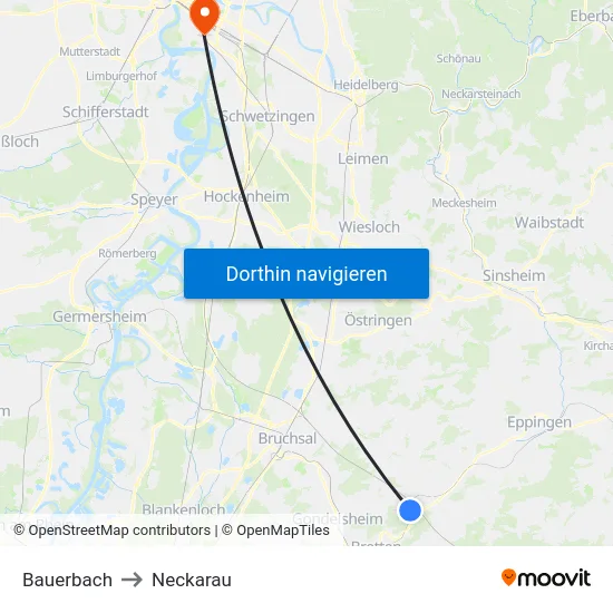 Bauerbach to Neckarau map
