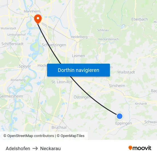 Adelshofen to Neckarau map