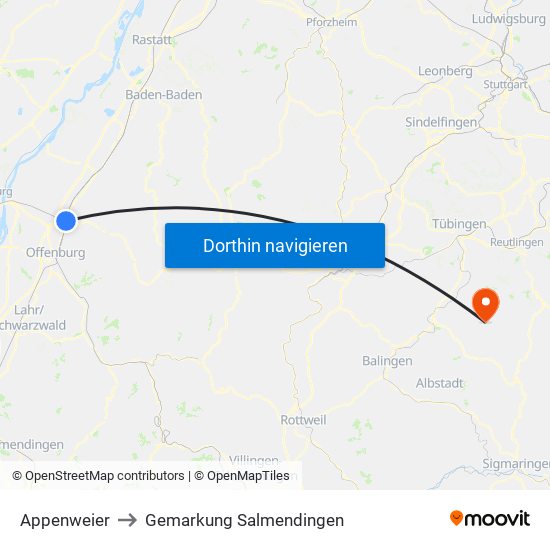 Appenweier to Gemarkung Salmendingen map