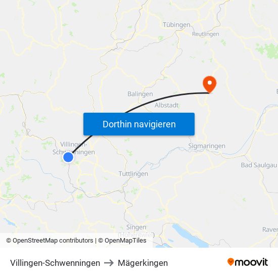 Villingen-Schwenningen to Mägerkingen map