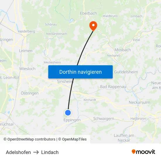 Adelshofen to Lindach map