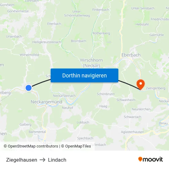 Ziegelhausen to Lindach map