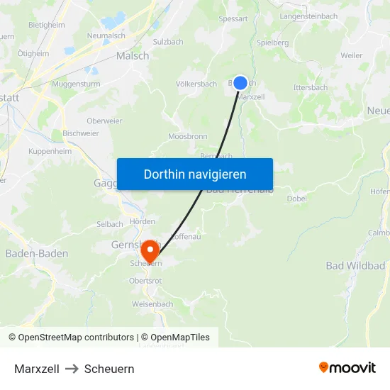 Marxzell to Scheuern map